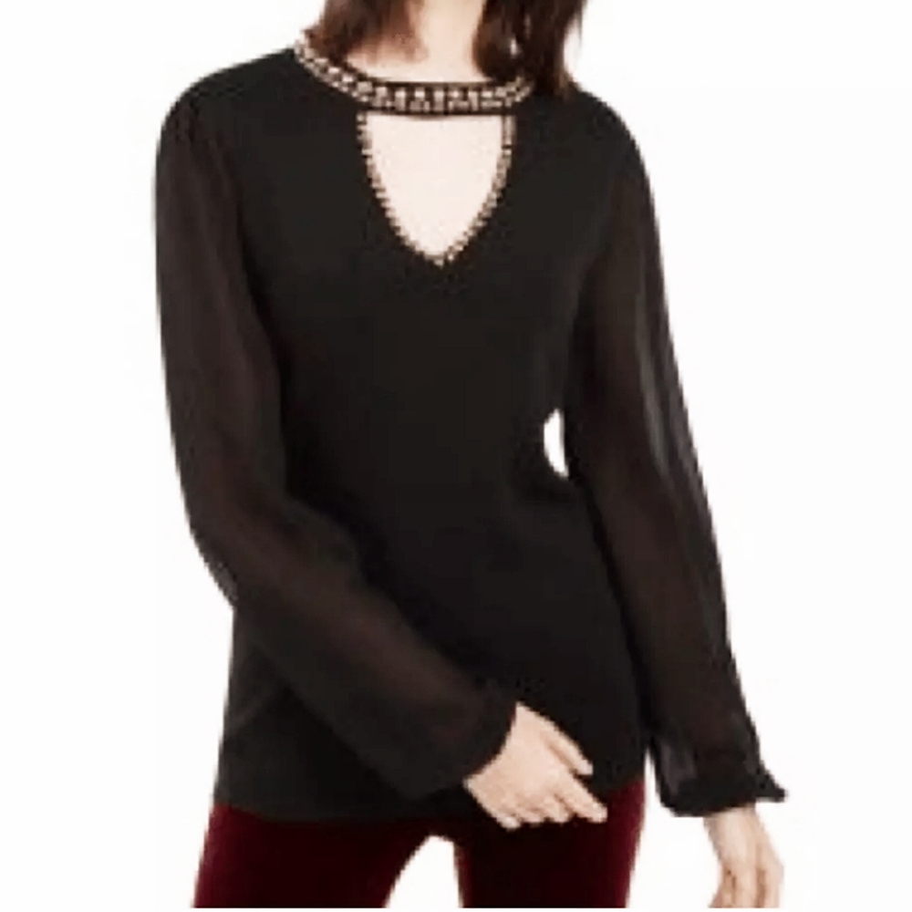 INC Knit Pullover With Chiffon Sleeves And Gold Studded Collar